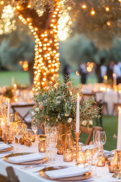 Romantic Outdoor Wedding Reception Table Setting with Candles and Greenery