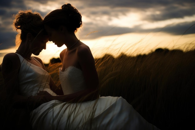 Romantic photo of two girls in bridal dresses in a field at sunset