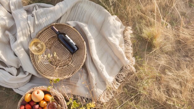 Photo a romantic picnic blanket in a middle eastern farm field landscape