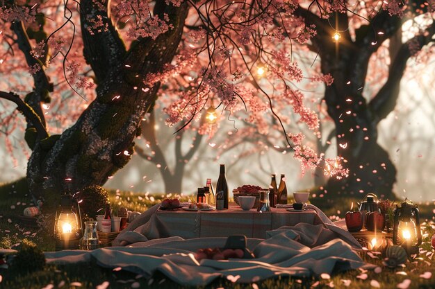 Photo romantic picnic under a canopy of cherry blossoms