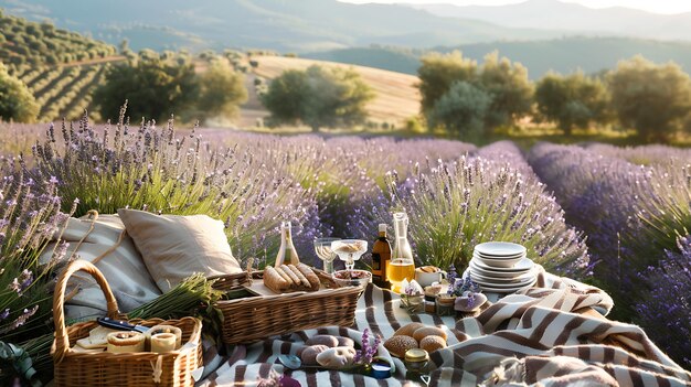 Photo romantic picnic in a lavender field with beautiful views