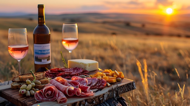 Romantic picnic on vast grassland golden hour lighting wine glasses charcuterie board cheese platter