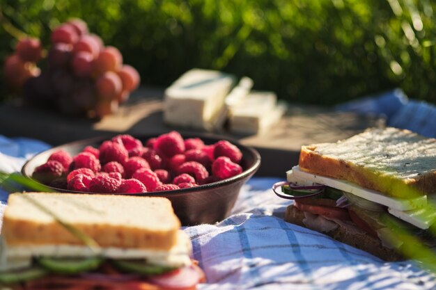 Romantic picnic in the village on the nature Sandwiches berries cheese and fruits for breakfast