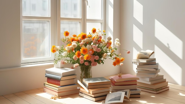 Romantic pile of books with flowers on summer style image free time