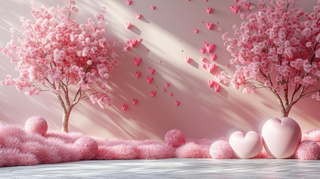 Photo romantic pink blossom trees and hearts