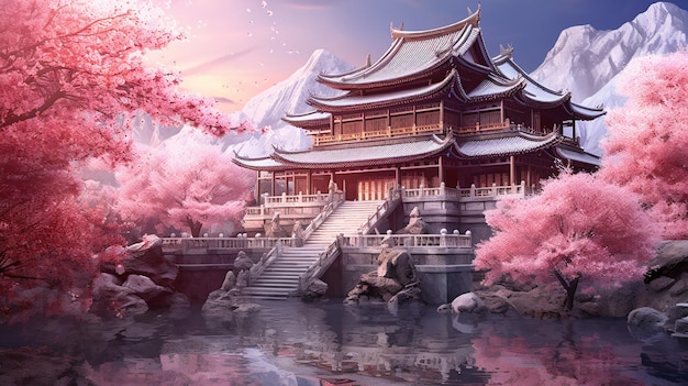 romantic pink cherry blossom surrounding ancient style