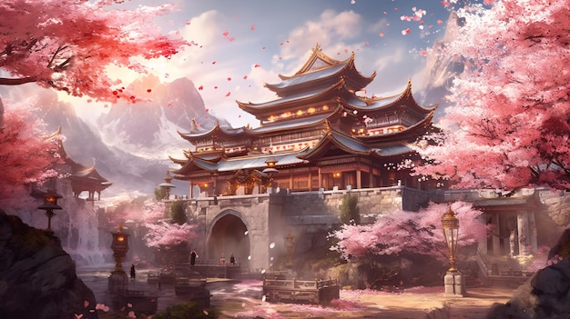 romantic pink cherry blossom surrounding ancient style