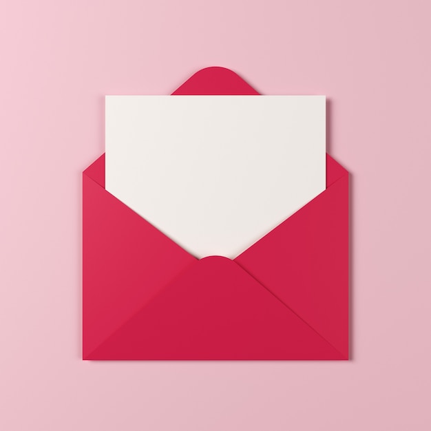 Romantic pink envelope with blank white postcard on pastel background. Mail concept. 3D rendering.