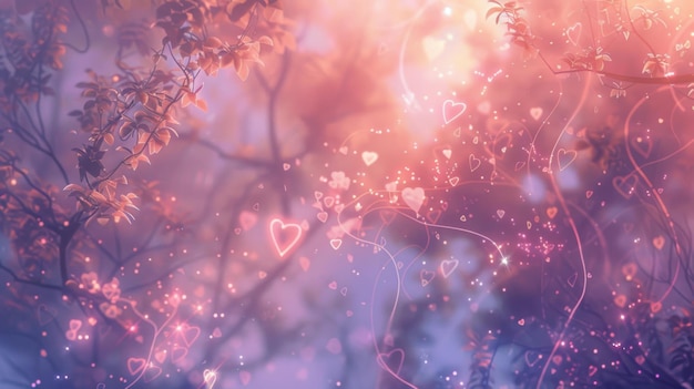 Romantic pink and purple nature background with hearts and bokeh