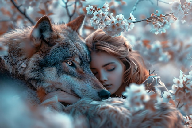 Romantic portrait of a beautiful young woman with a wolf in a blooming garden