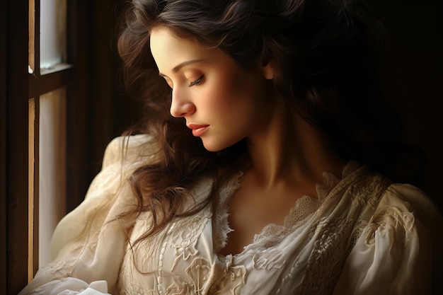 Romantic Portrait of a young woman dreamily closing her eyes waking dream soft light closeup