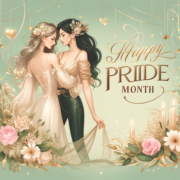 A romantic Pride Month celebration featuring a loving couple elegant floral decorations Generative A