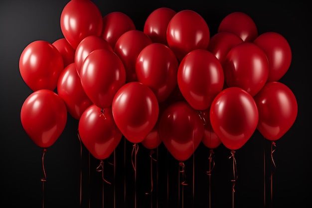 Romantic red balloons floating on a black background setting the stage for a passionate event