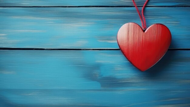 Romantic Red Heart Pendant on Blue Wooden Background