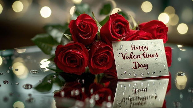 Romantic red roses with a greeting card for Valentines Day