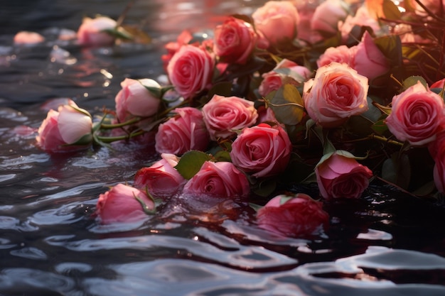 Romantic Reflections Blooming Rose Flowers and Petals Dance on Water