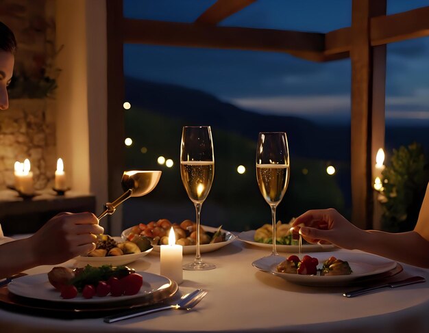 Photo a romantic rendezvous over a candlelit dinner with champagne