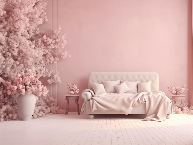 romantic room with flowers and pink tones romantic mock up 3d render ideal for photo overlay