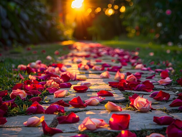 Photo romantic rose petal pathway at sunset in a dreamlike garden landscape