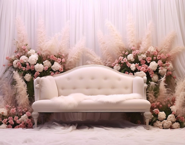 Romantic Rose Wall with White Tufted Sofa