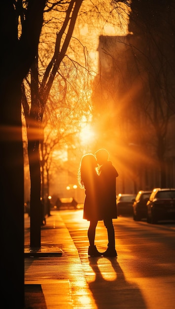 Romantic scene of a couple in love kissing in the street at sunset Vertical photo Valentines Day