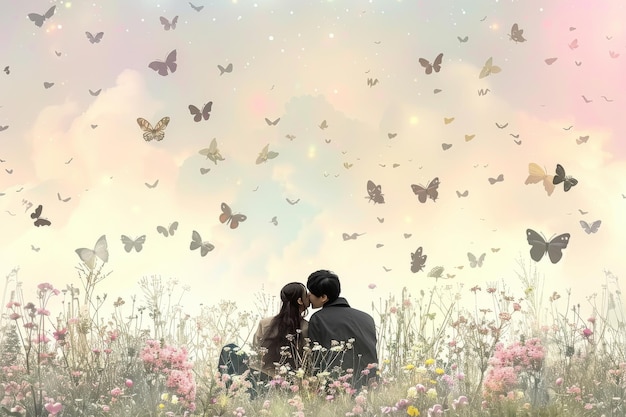 Photo romantic scene of a couple sitting in a meadow with butterflies and pastel flowers creating a drea