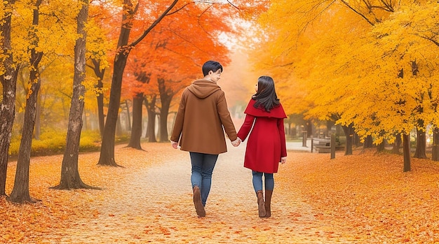 A romantic scene of a couple walking hand in hand along a path covered in a blanket of colorful