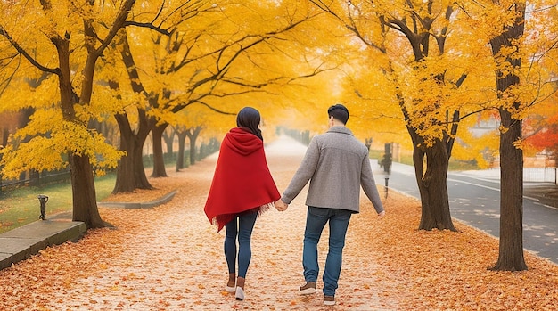 A romantic scene of a couple walking hand in hand along a path covered in a blanket of colorful