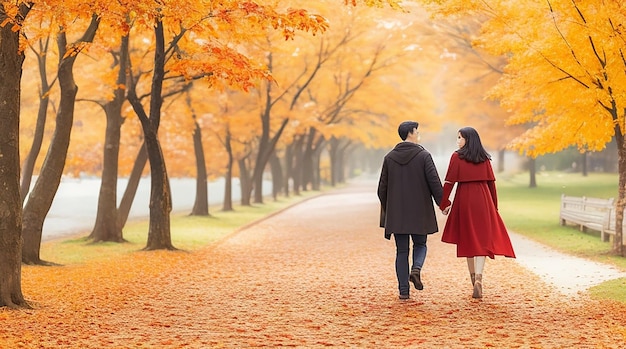 A romantic scene of a couple walking hand in hand along a path covered in a blanket of colorful