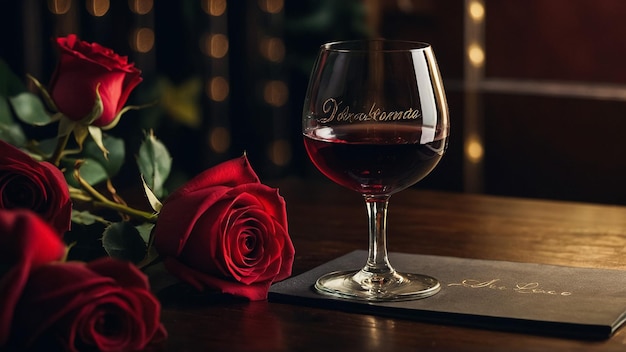 Romantic scene with candles wine and roses