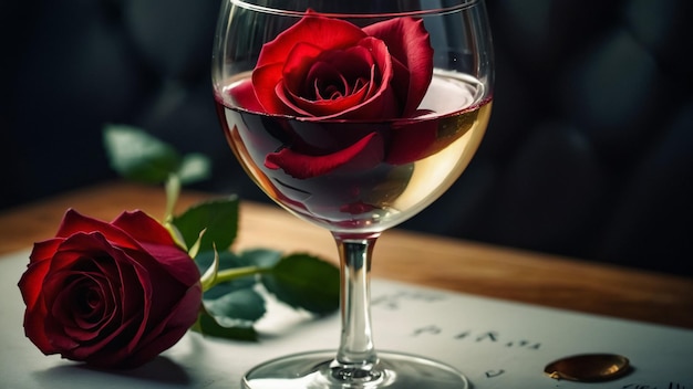 Romantic scene with candles wine and roses