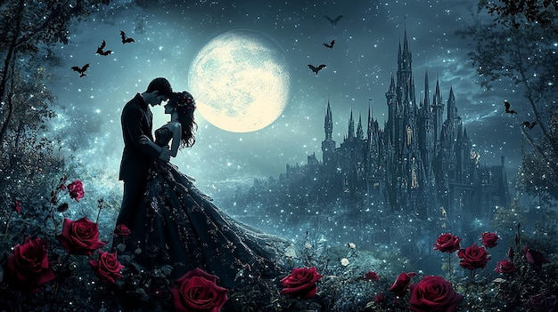 a romantic scene with a couple kissing and a castle in the background