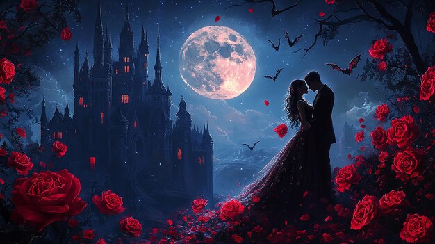 a romantic scene with a couple kissing in front of a castle and a full moon