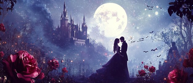 Photo a romantic scene with a couple kissing in front of a castle