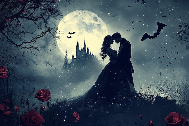 Photo a romantic scene with a couple kissing in front of a full moon with a castle in the background