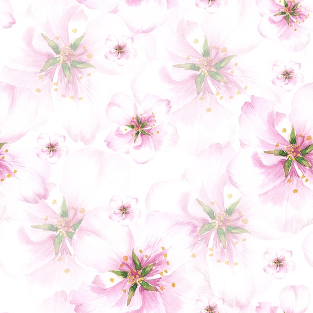 Romantic seamless pattern with watercolor pink flowers of almond branch