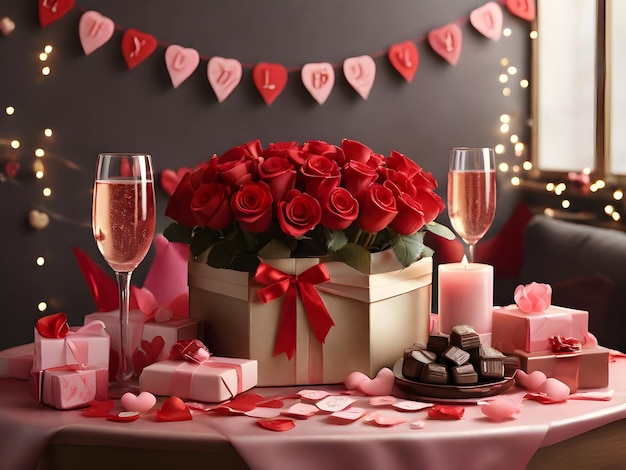 Romantic set up with glasses filled with the bubbly drink red roses and chocolates