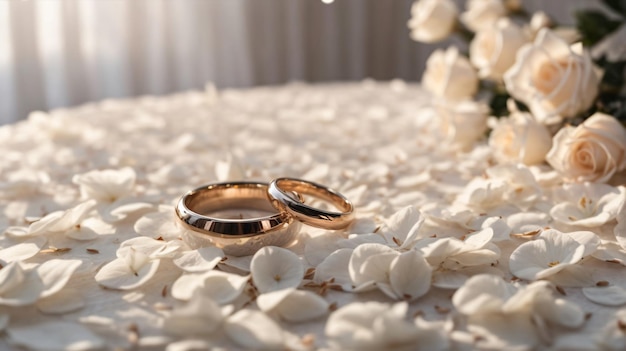 romantic setting of couple wedding riing on white rose petals