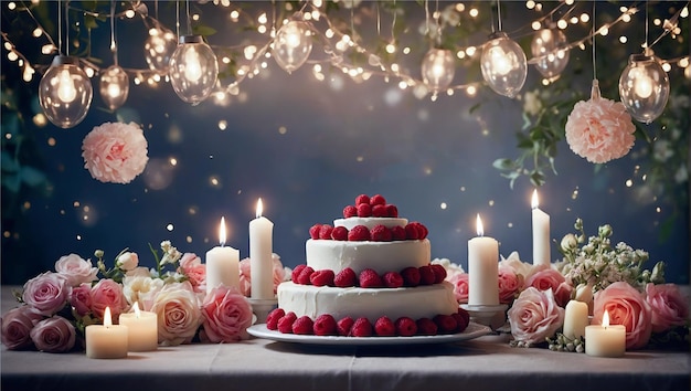 A romantic setting featuring a beautifully decorated wedding cake with candles and roses illuminated by fairy lights