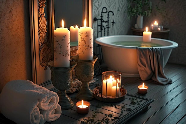 Romantic setting for two with candles in bathroom created with generative ai