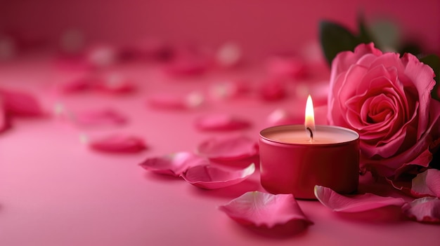 Romantic setting with lit candle and rose petals on pink background