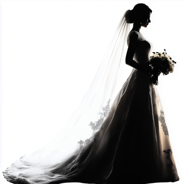 Photo a romantic silhouette of a bride in a traditional wedding dress holding a bouquet of flowers