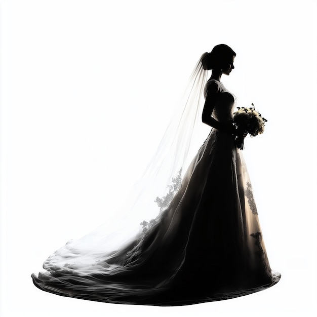 Photo a romantic silhouette of a bride in a traditional wedding dress holding a bouquet of flowers