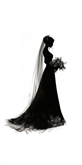 Photo a romantic silhouette of a bride in a traditional wedding dress holding a bouquet of flowers