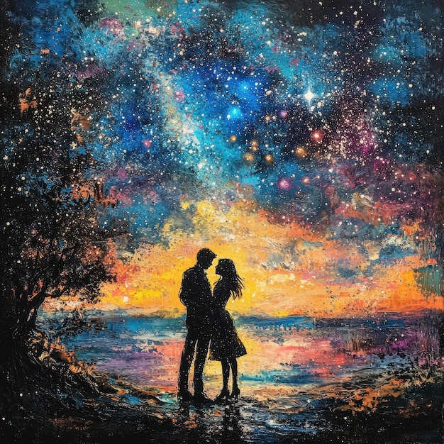 Romantic silhouette of a couple under a starry sky with a colorful galaxy background