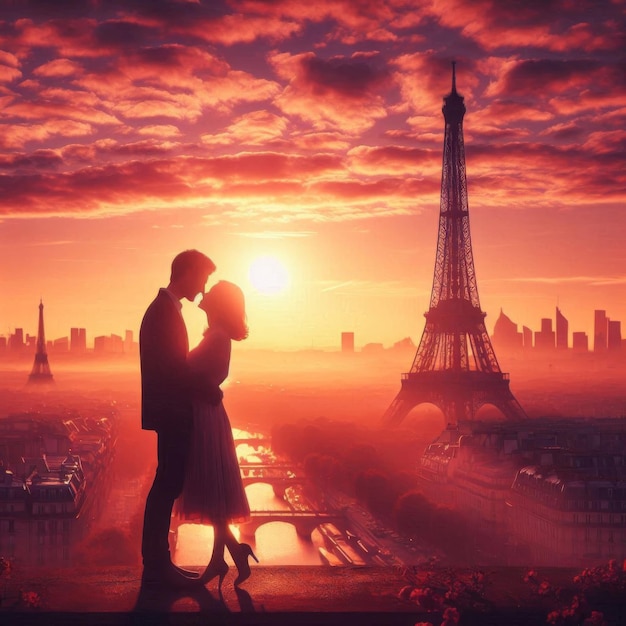 Photo romantic silhouette of lovers and eiffel tower at paris sunset