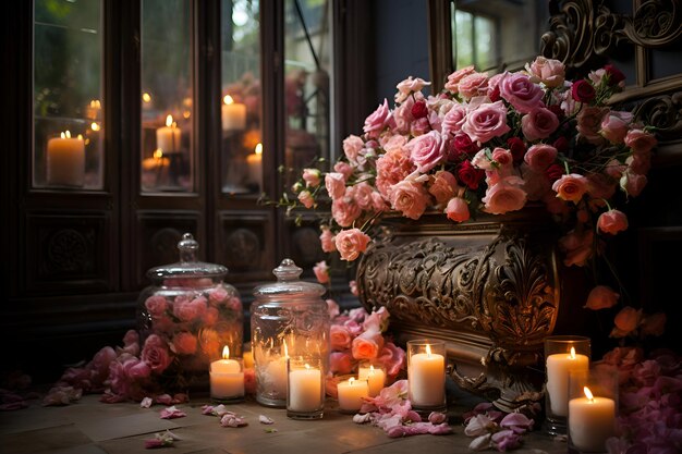 Romantic still life with pink roses and candles in a vase