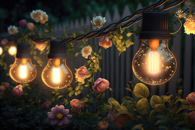 Romantic string light garlands in outdoor a cozy evening in flower yard of the house Decoration of the wedding street interior