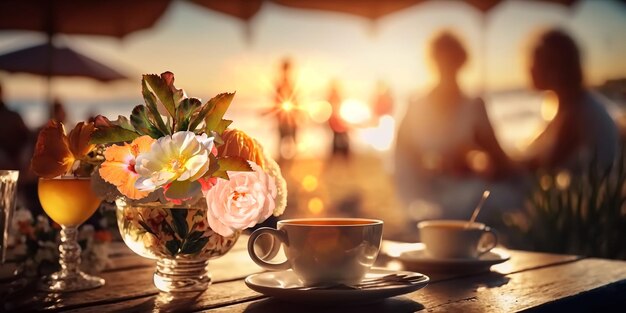 romantic sunset beach caffee ,cup of coffee ,sweet cake and flowers on table ,romantic couple