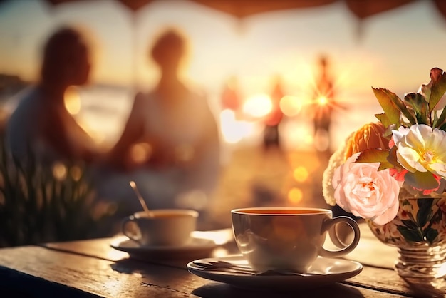 romantic sunset beach caffee ,cup of coffee ,sweet cake and flowers on table ,romantic couple